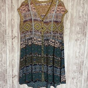 Oddi Boho Sleeveless Button-Front Geometric Rayon Dress